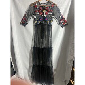 ASOS Sheer Mesh Black Floral Applique Maxi Dress US 6 Whimsy Goth Boho Indie NWT